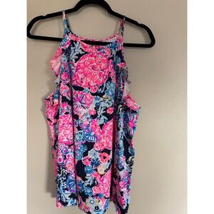 Lilly Pulitzer Billie‎ Ruffle Tank Top in Turtle Amusement Floral Pink Blue XL